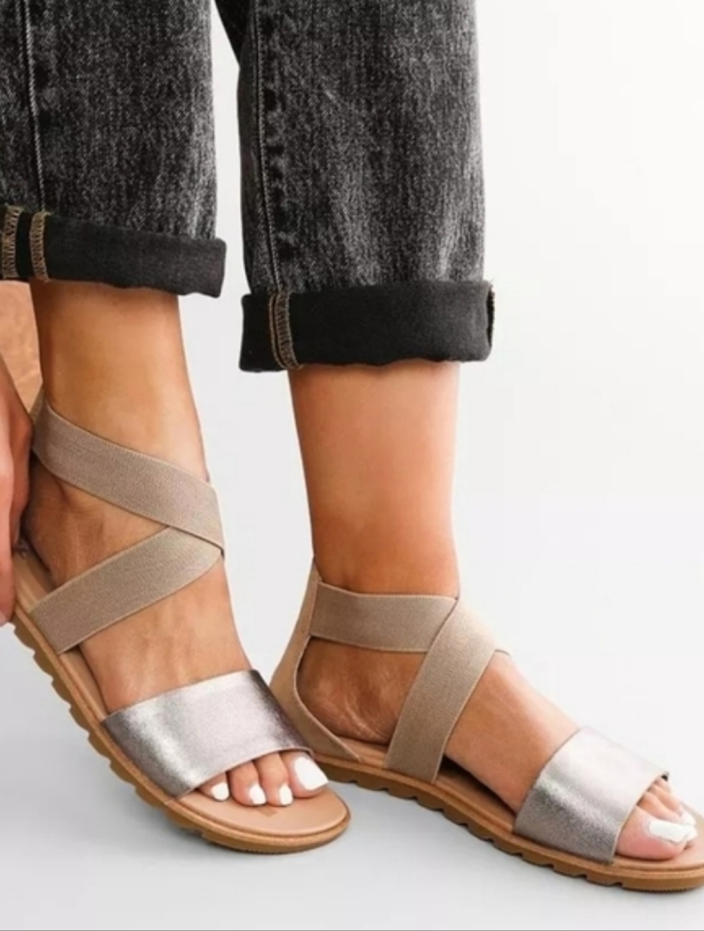 Sorel Women's Ella II Metallic Silver Bronze Taupe Strappy Sandals Comfort 7